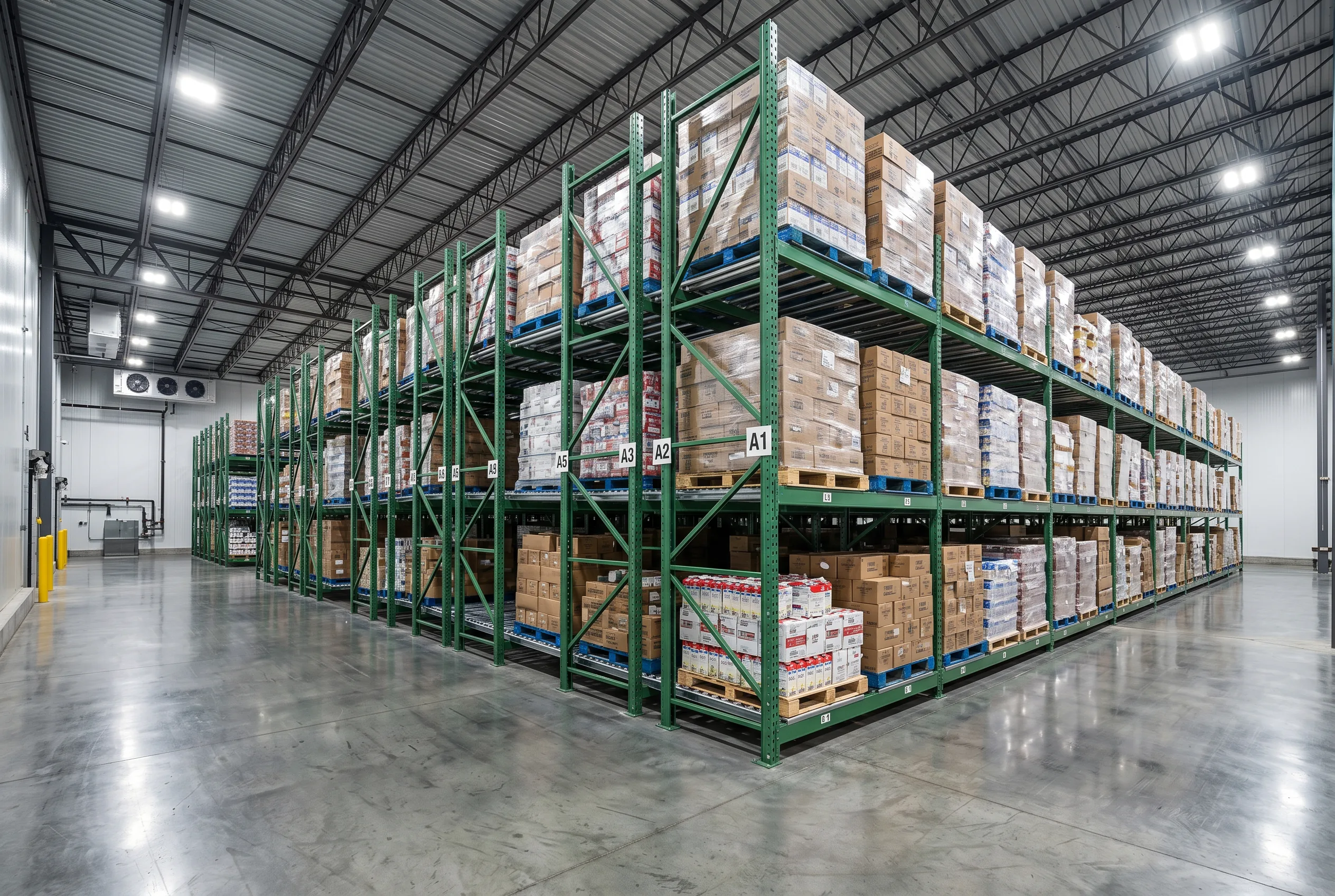 Deep-lane pallet flow rack with gravity rollers in a Washington DC area refrigerated distribution center