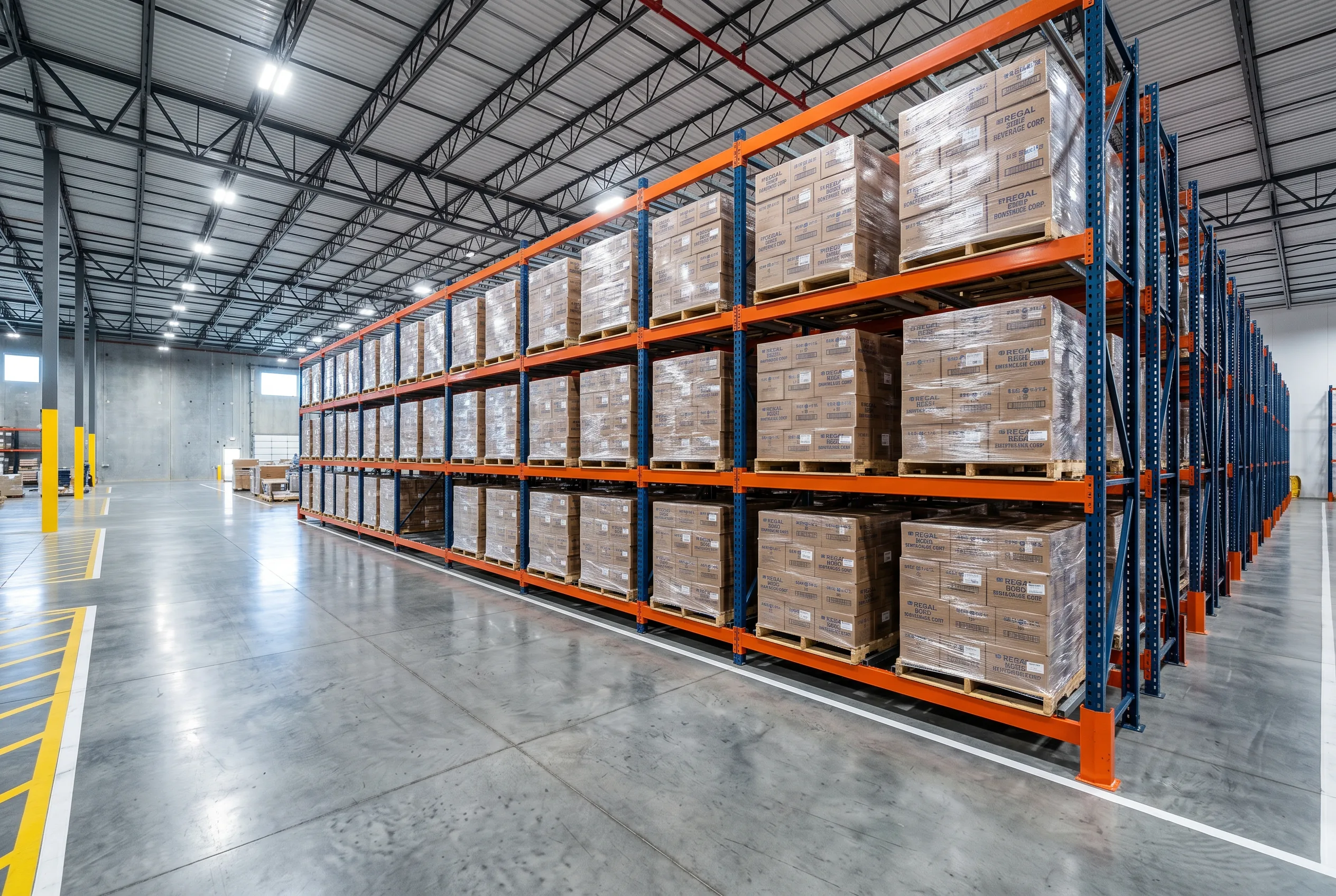 Pushback pallet rack system with nested carts and inclined rails in a Washington DC area warehouse