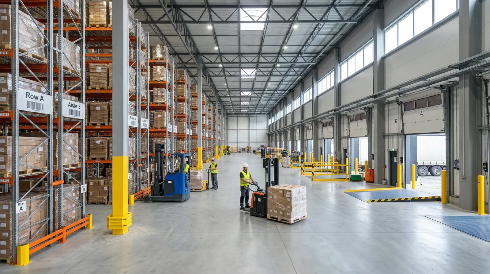 Material handling equipment including forklifts in a warehouse setting